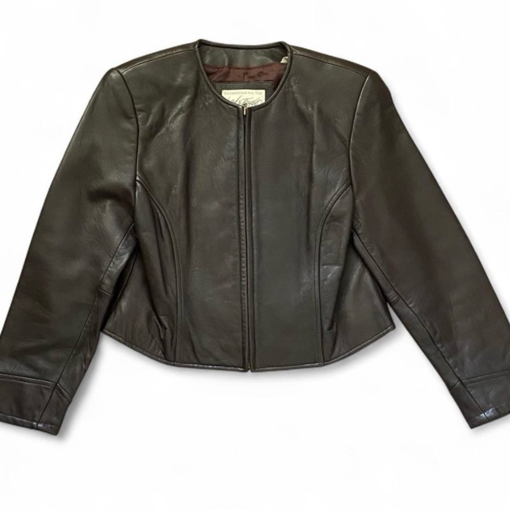 Vintage Lord & Taylor Petite Dark Brown Leather Jacket Collarless Full Zip 2P